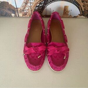 Coach Carisa Boat Shoe Loafer Flats Bright Hot Pink Womens 6 Jacquard Canvas Bow